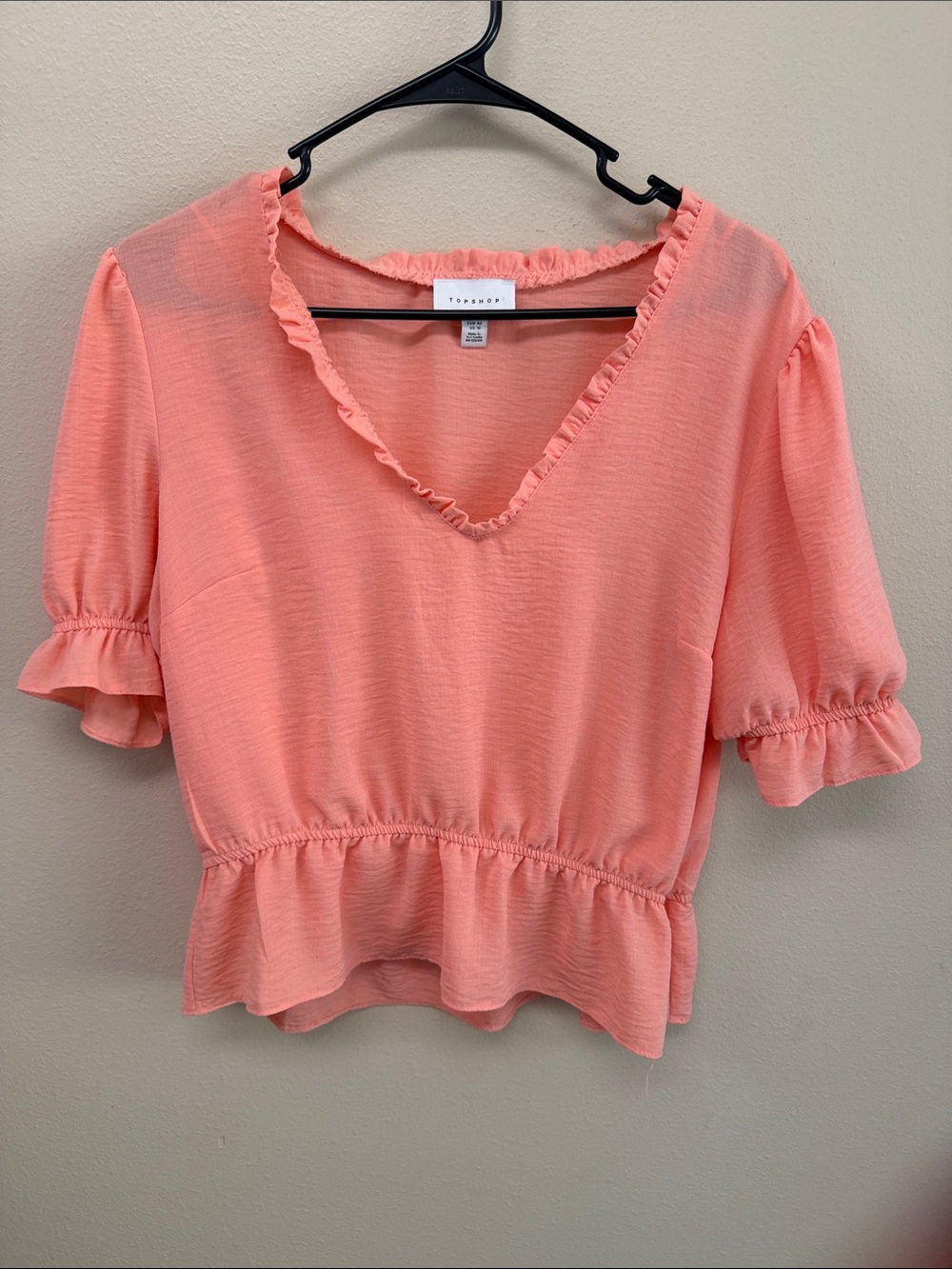Topshop Coral Pink Ruffle V-Neck Peplum Blouse Sz10